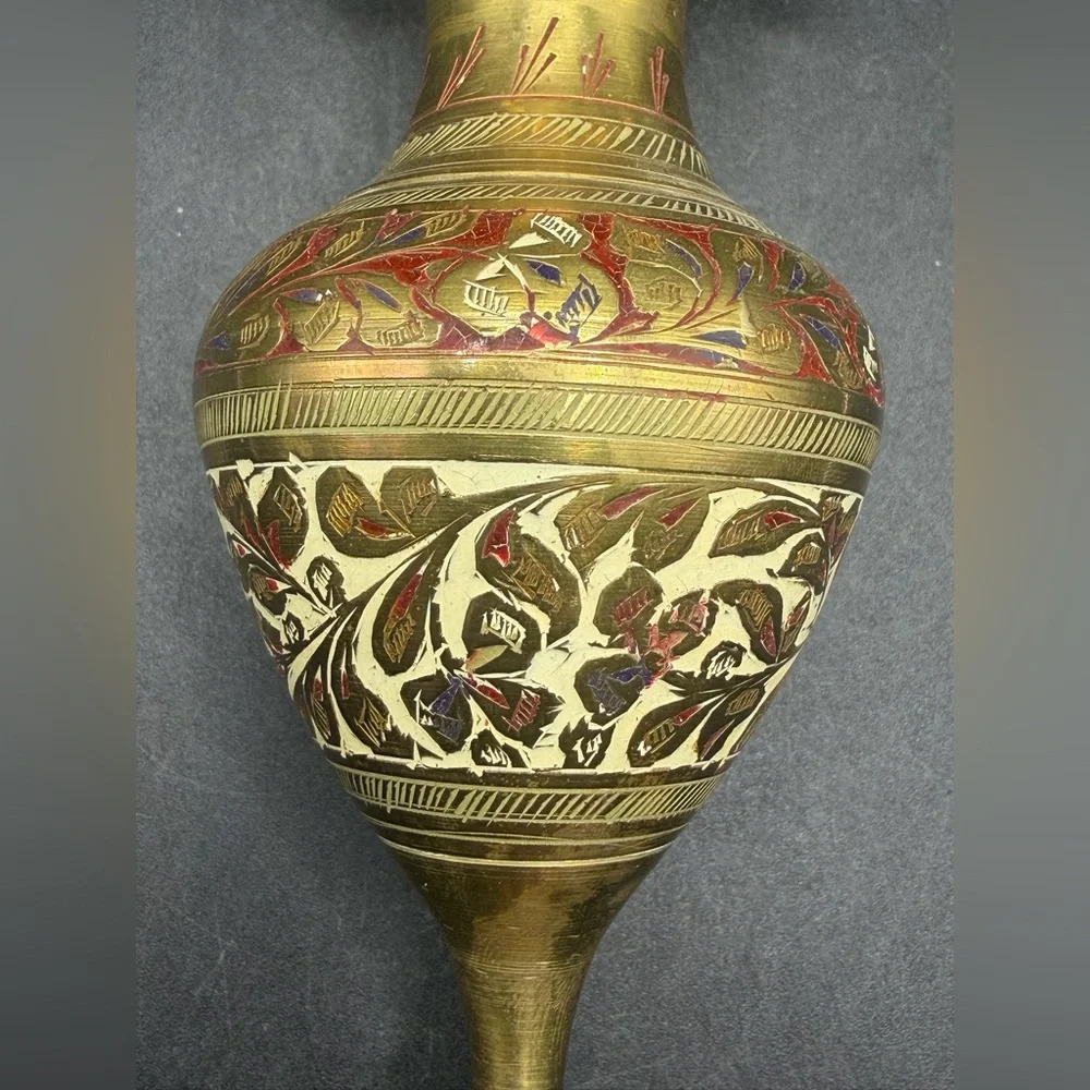 Vintage Etched Enamel Brass Ruffle Rim Bud Vase Table Vase Boho Eclectic Decor - Picture 3 of 14